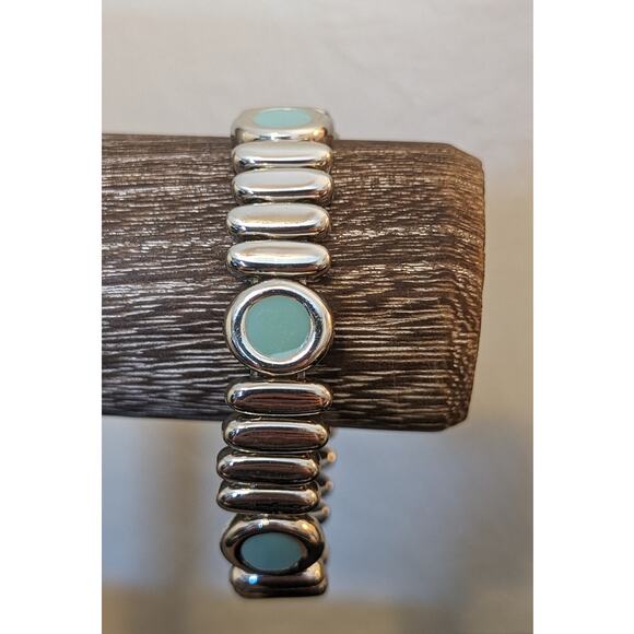 Silver Tone Long Bead Stretch Round Turquoise Enamel Bead Bracelet - Picture 4 of 4